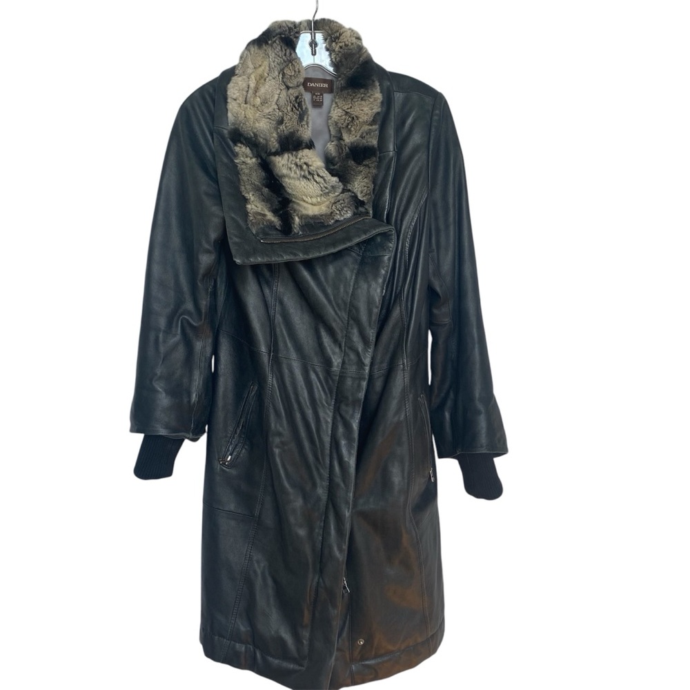 Danier long Black Leather Jacket with Rabit Fur Collar